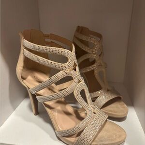 Kelly & Katie Strappy Beige Heels with Rhinestones